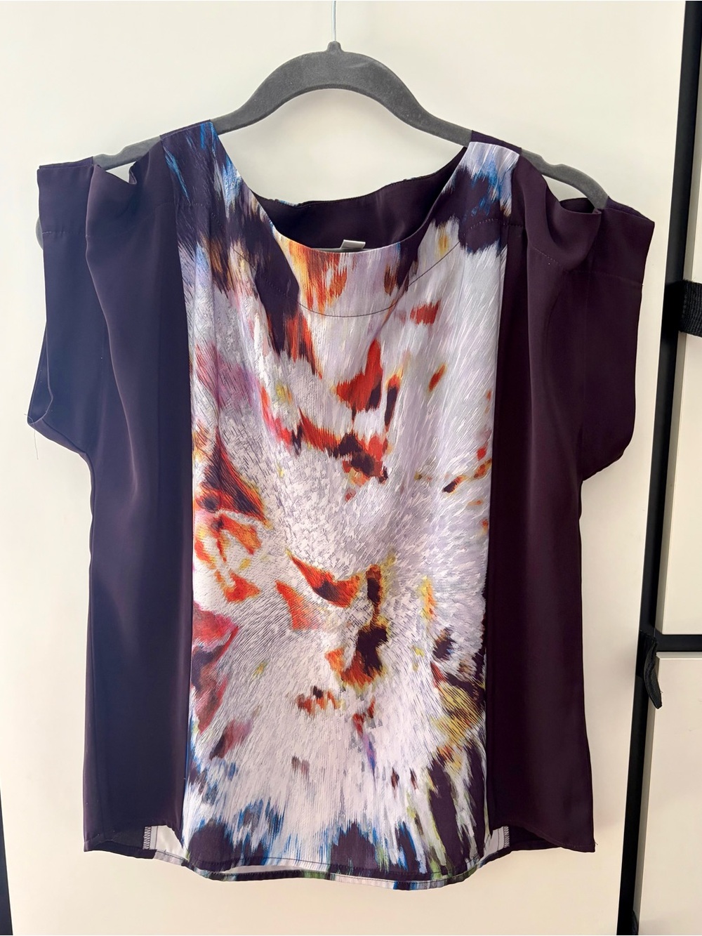 Calvin Klein Purple Short-Sleeve Blouse with Multicolor Printed Front